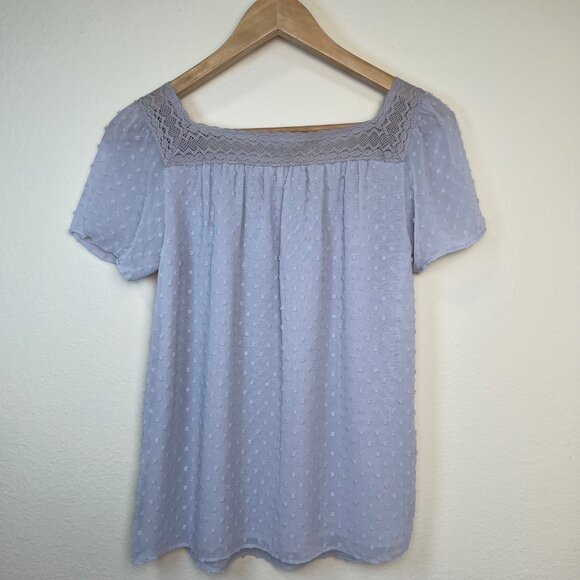 J. CREW Gray Swiss Dot Lace Trim Sheer Top Short Sleeve Blouse Size 0 - Picture 8 of 8